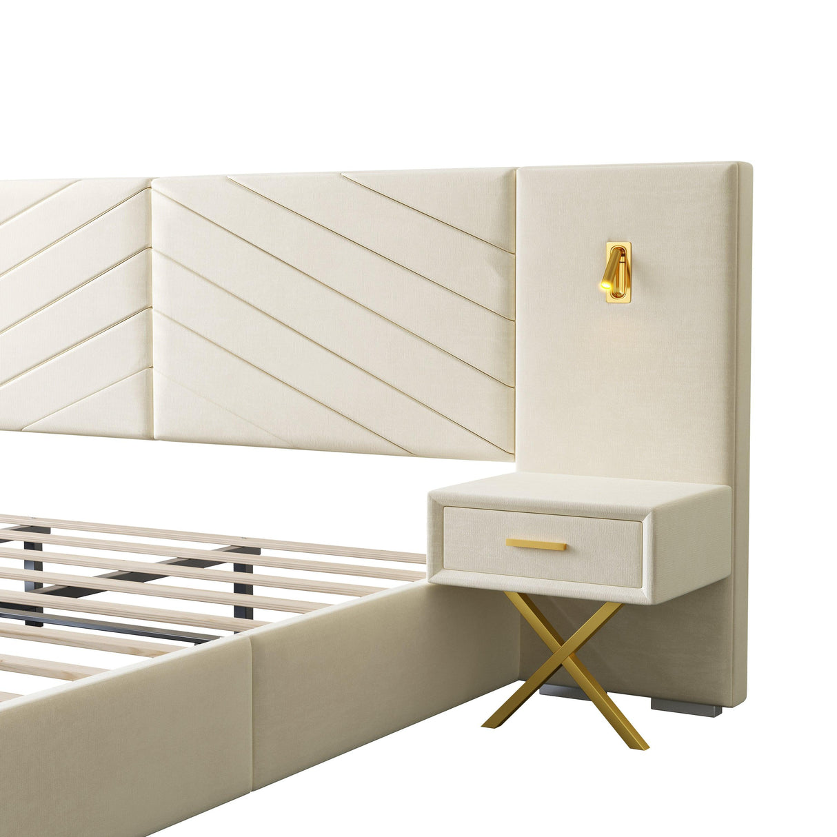 Beige Velvet Wingback Upholstered Wood Bed Frame - Omega Lifestyles