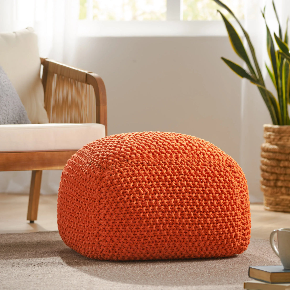 Knitted Cotton Square Orange Pouf Seat - Omega Lifestyles
