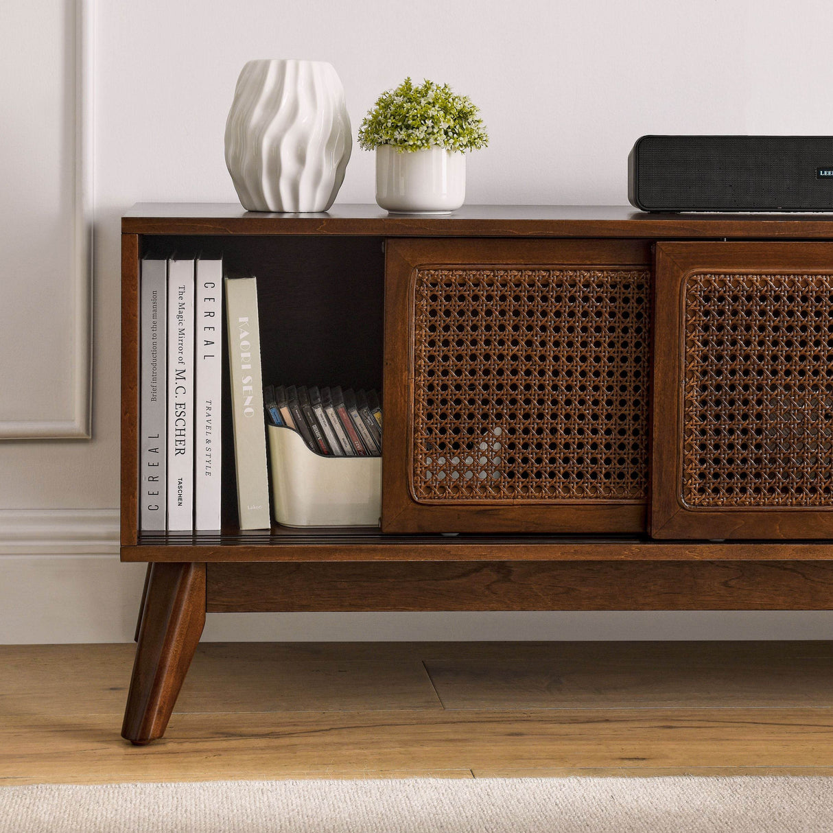 59-Inch Mid Century Modern Rattan TV Stand Cabinet - Sleep Galleria