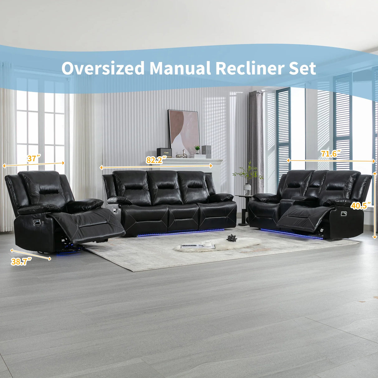 Manual Black Leather Gel Recliner Chair With LED Light Strip - Omega Lifestyles