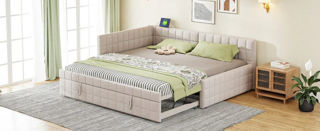 Full Upholstered L-Shaped Daybed With Twin Trundle and USB Ports - Omega Lifestyles