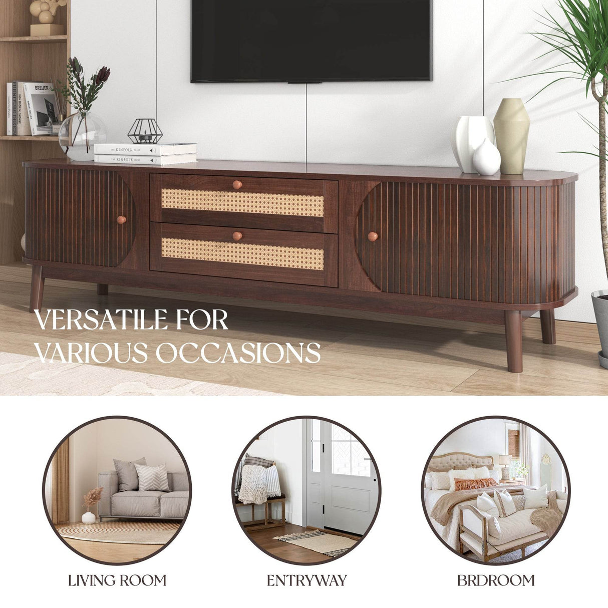 Modern Farmhouse Rattan TV Stand With Storage Cabinet - Sleep Galleria