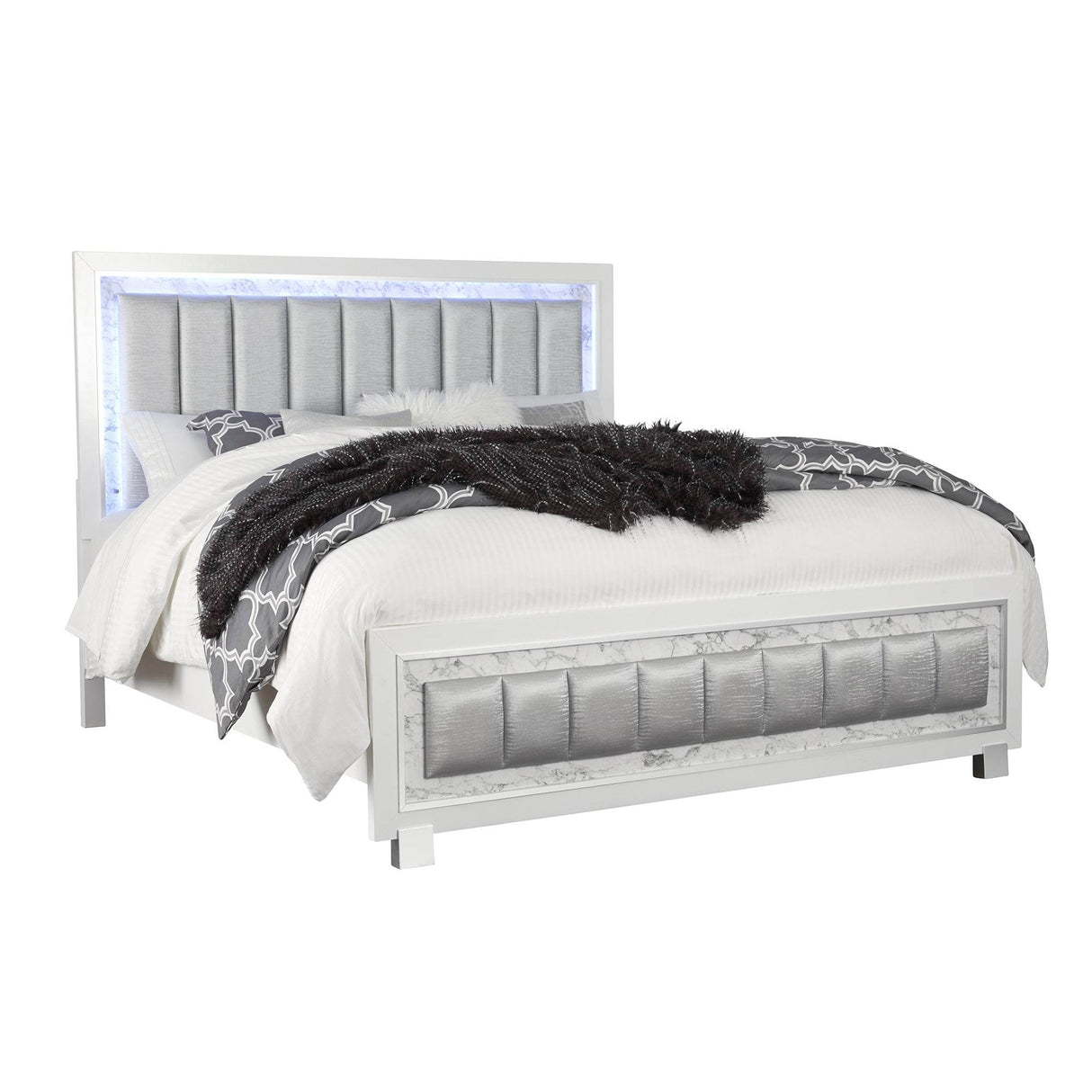 Modern Queen Panel Bed With LED Lit Headboard Rubberwood Frame