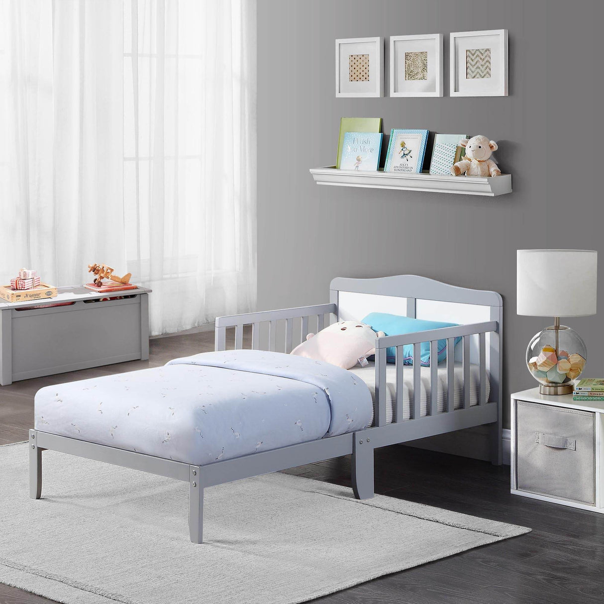 Solid Wood Light Gray Toddler Bed With Safety Rails