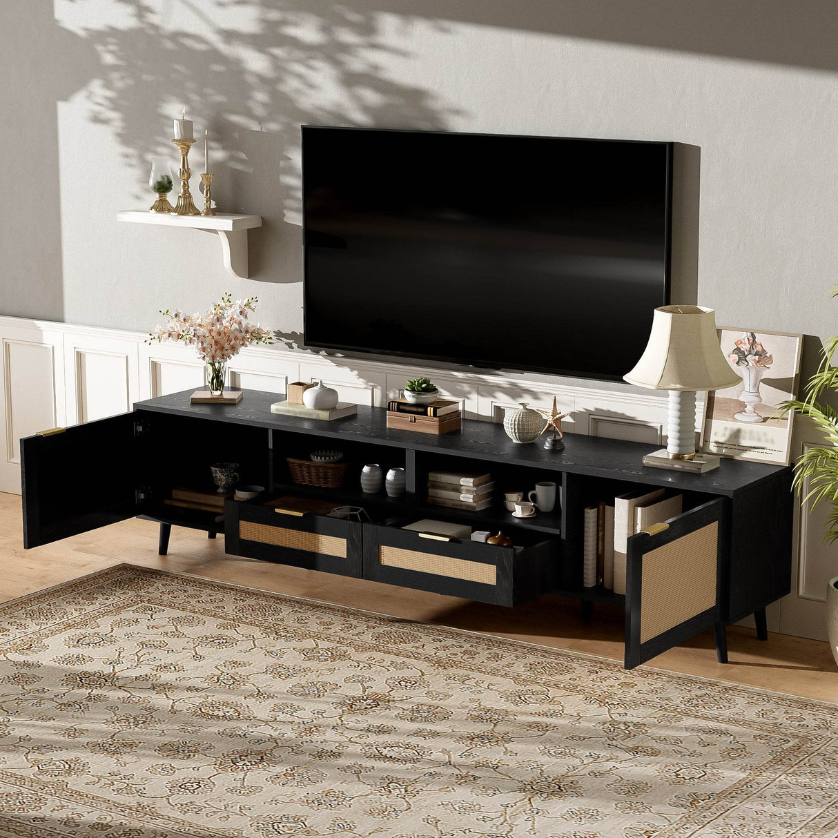 Modern Rattan TV Stand With Storage Cabinet - Sleep Galleria