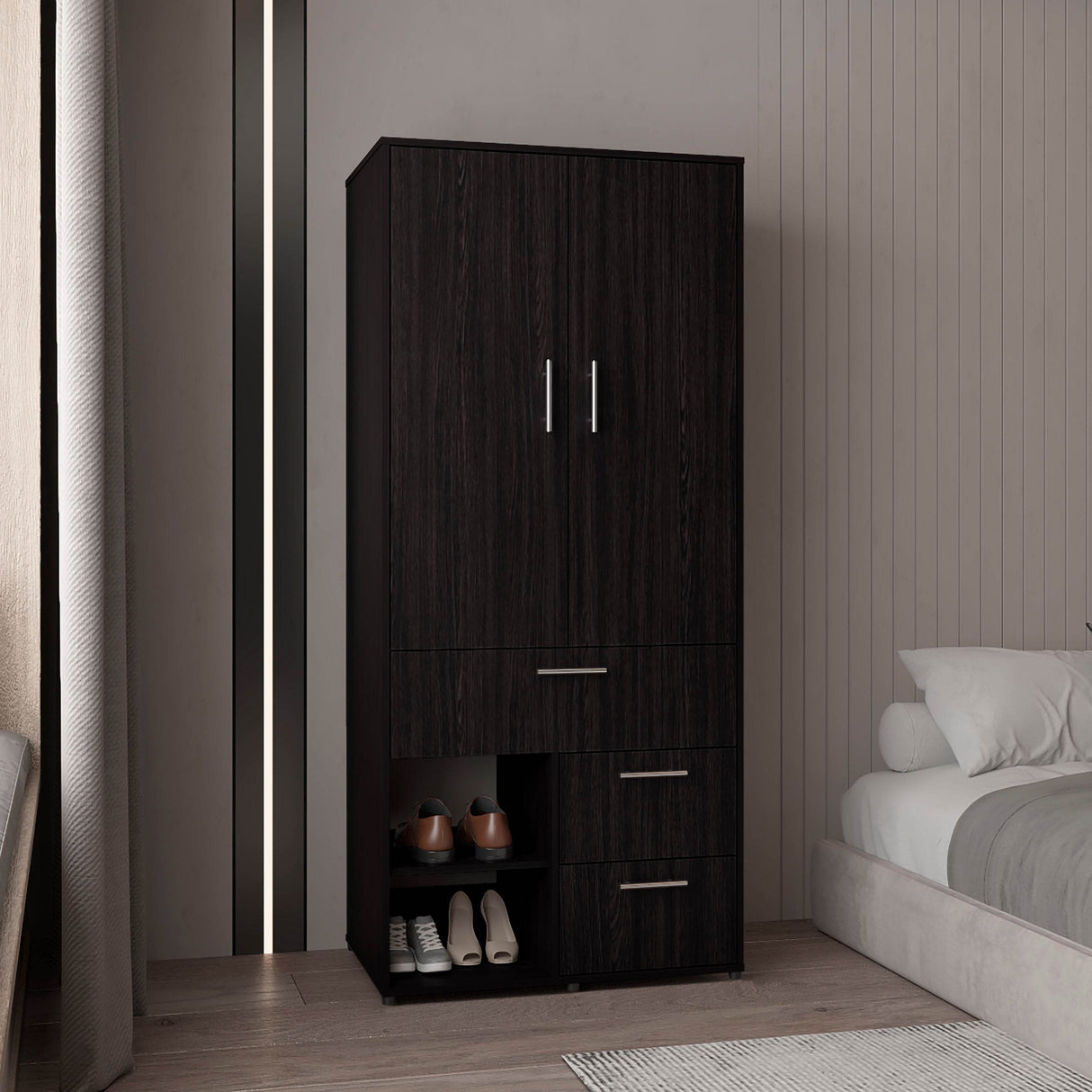 Modern Black MDF Double Door Bedroom Armoire
