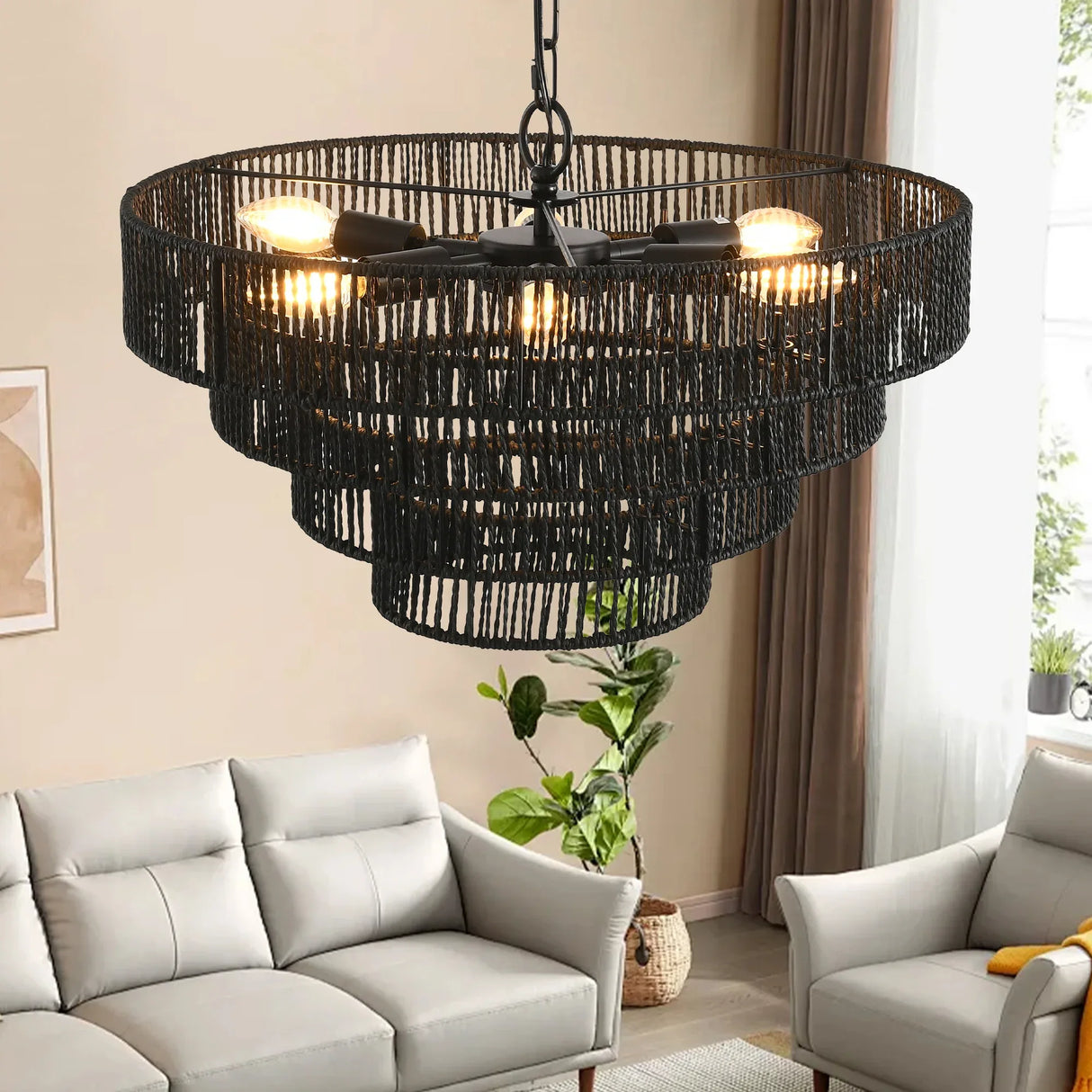 Rustic 4-Tier Black Hemp Rope Pendant Light Chandelier - Omega Lifestyles