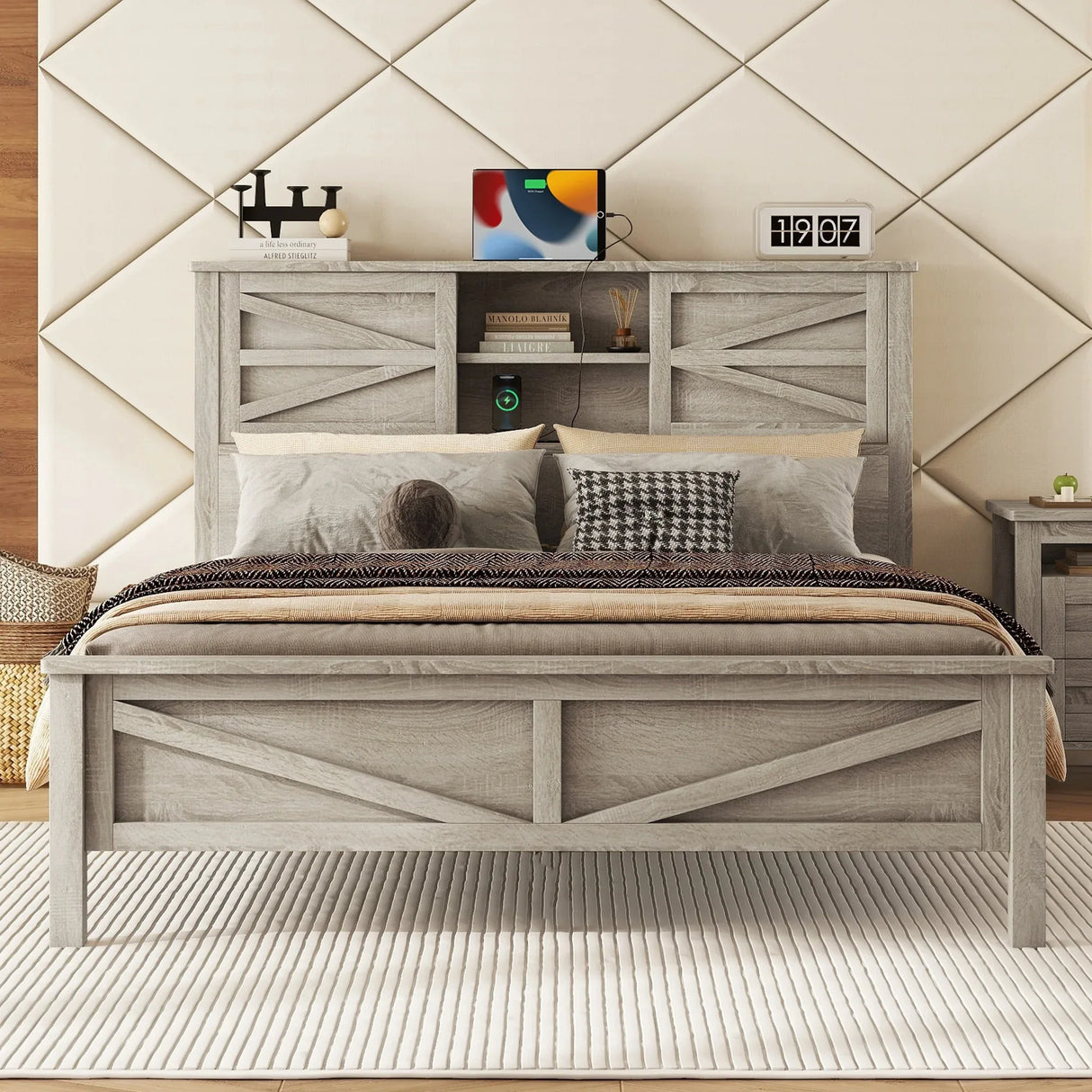 Queen Antique Gray Platform Bed With Sliding Barn Door Storage - Omega Lifestyles