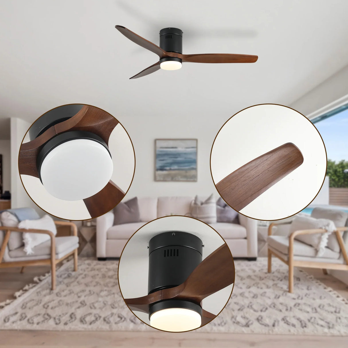 52-Inch Black Dark Walnut Wood Blade Ceiling Fan - Omega Lifestyles