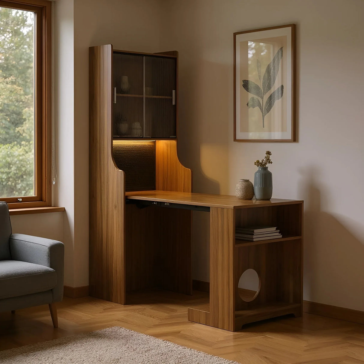 Mid-Century Modern Walnut Foldable Desk With Hutch - Omega Lifestyles