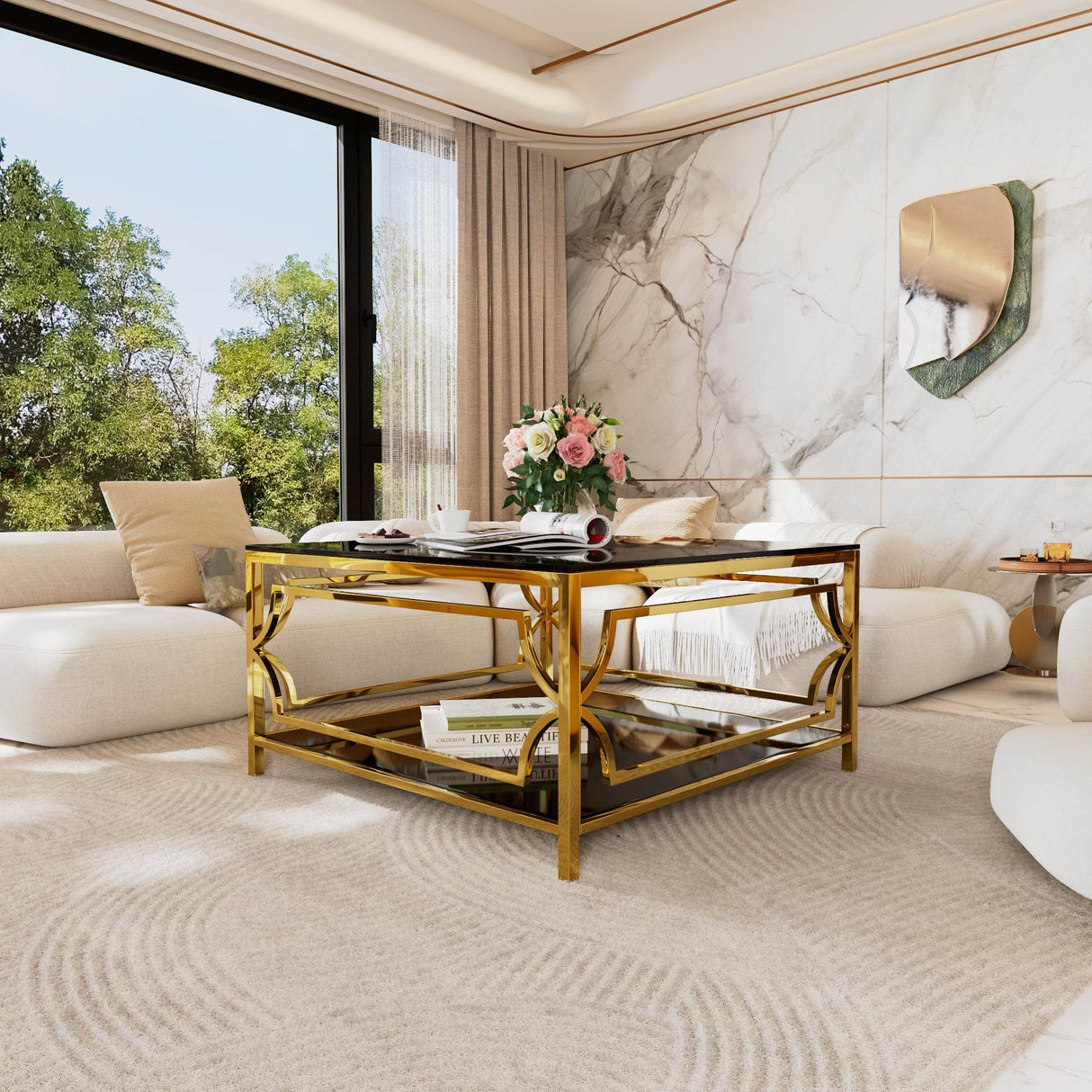 Modern Square Glass Coffee Table With Gold Metal Frame - Sleep Galleria