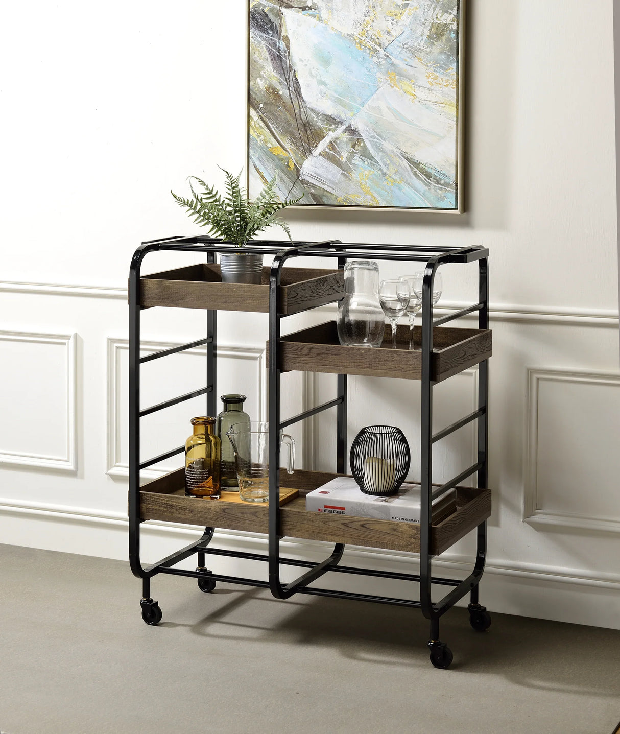 Metal And Wood Rectangular Serving Cart With Adjustable Trays - Omega Lifestyles