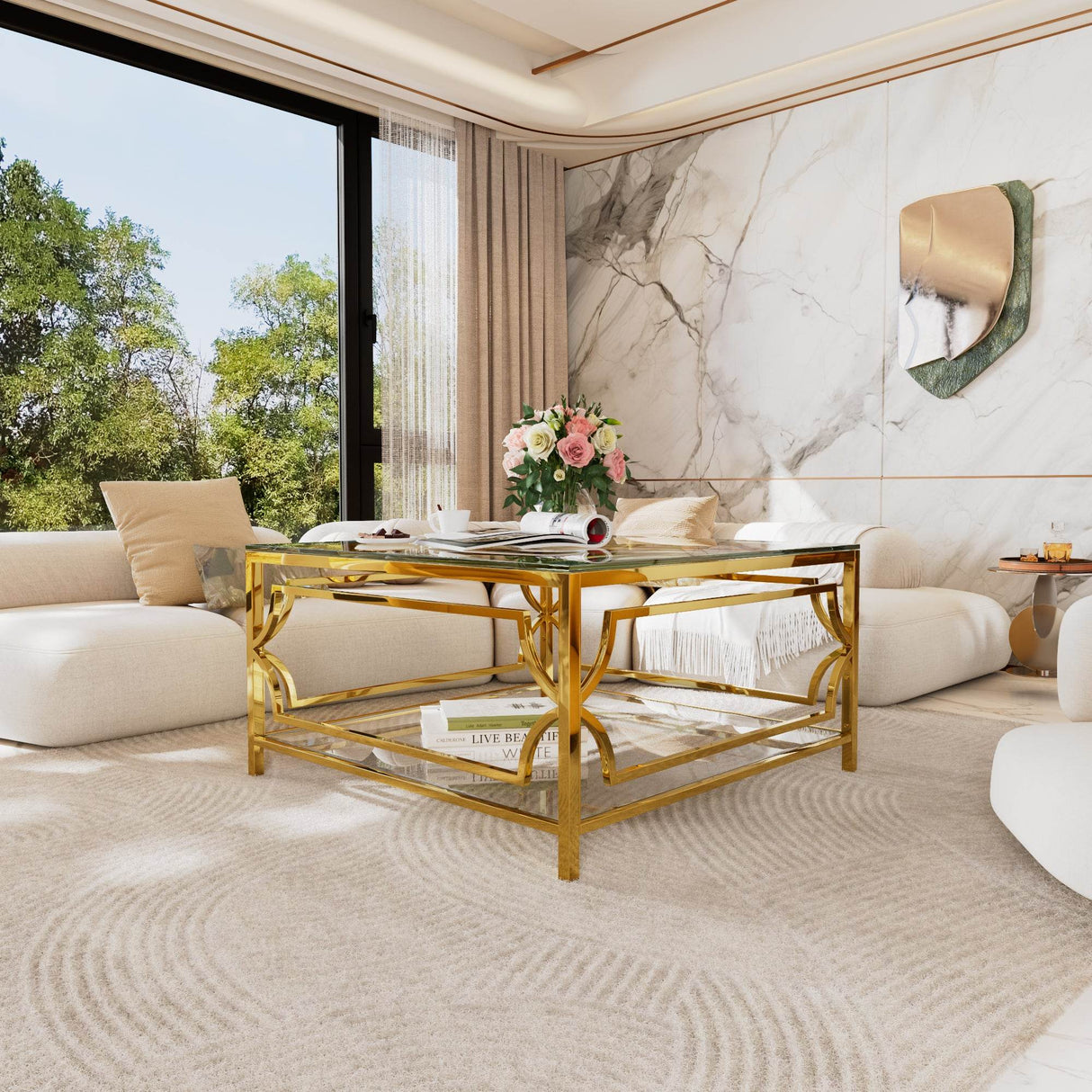 Square Tempered Glass Coffee Table With Gold Frame - Sleep Galleria