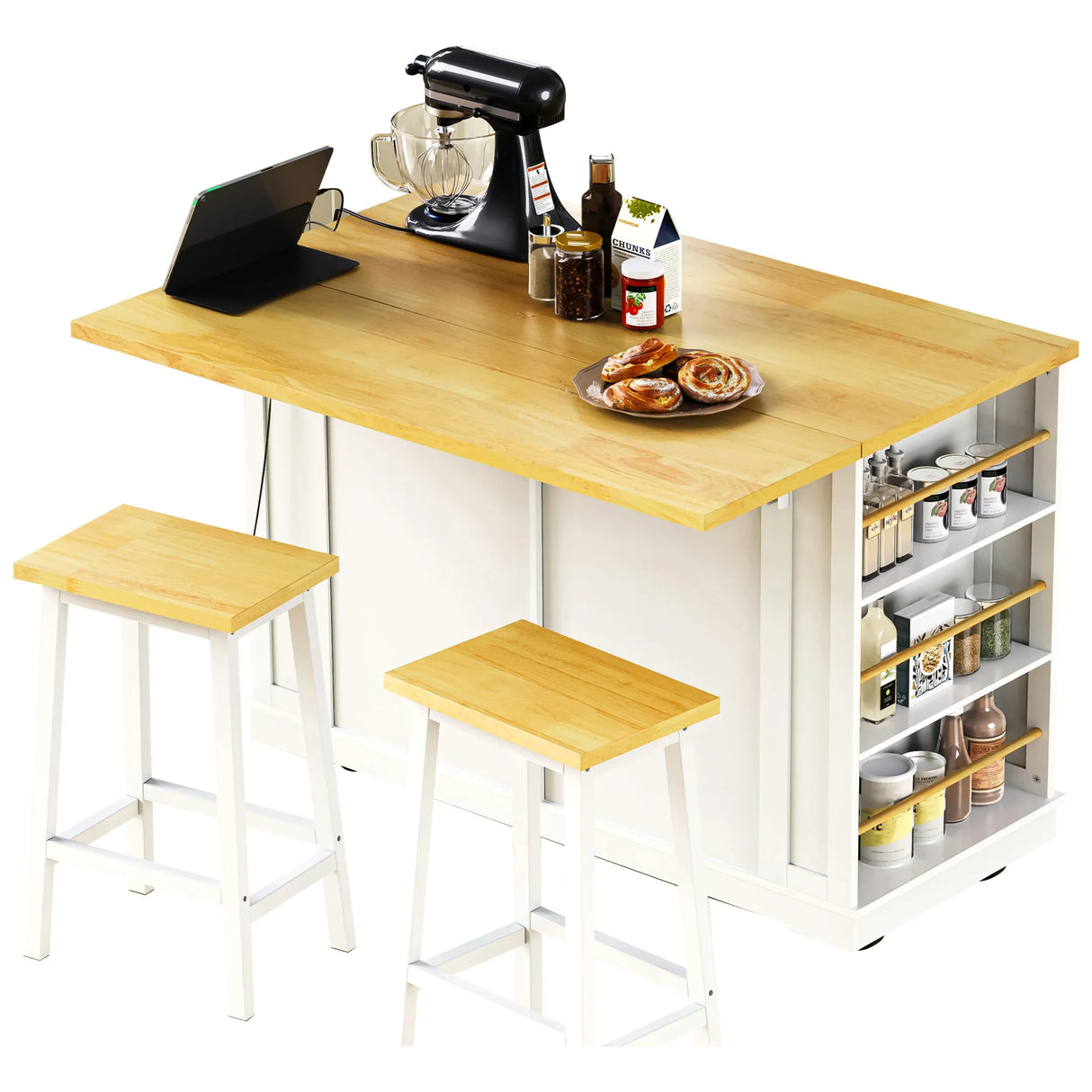 48-Inch Classic Kitchen Island With 2 Bar Stools and Power Outlet - Omega Lifestyles