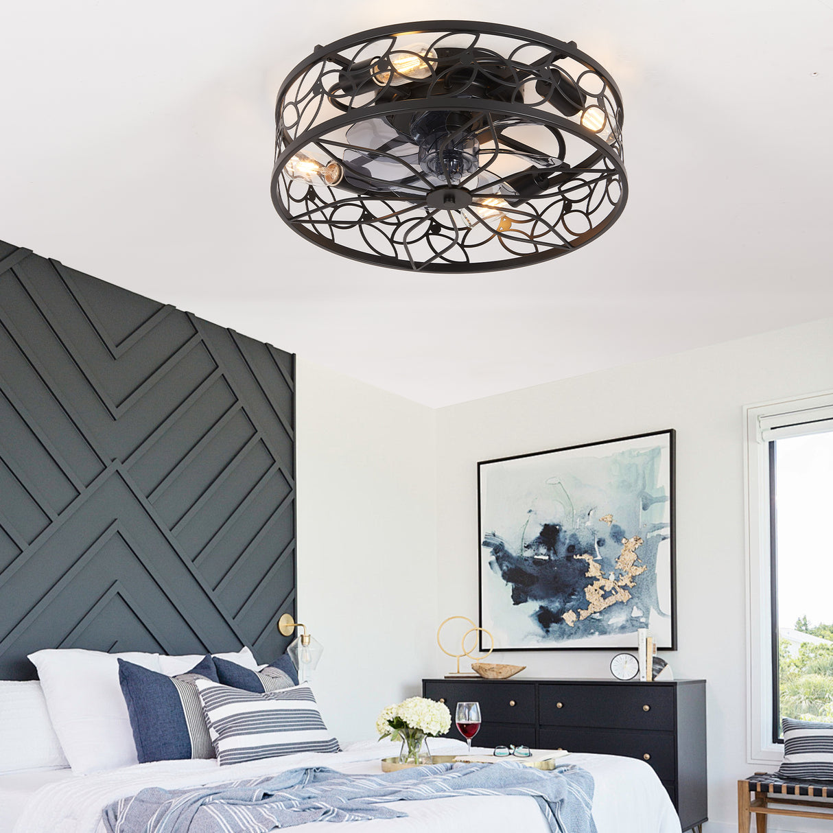 18-Inch Black Retro Cage Industrial Ceiling Fan Light