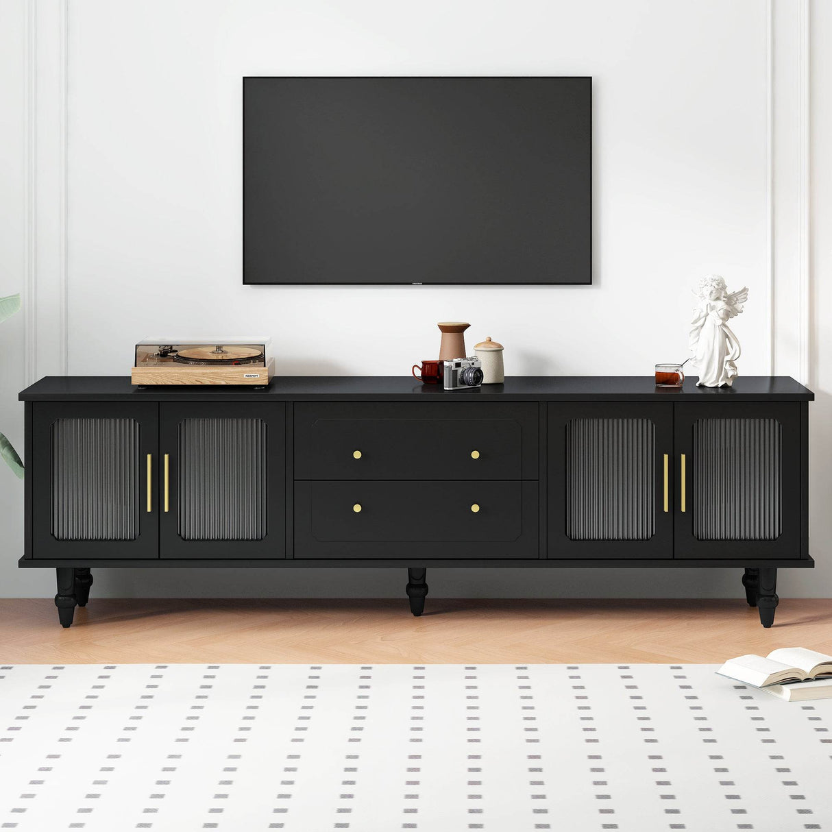 Retro Vintage Black TV Stand With Fluted Glass Doors - Sleep Galleria