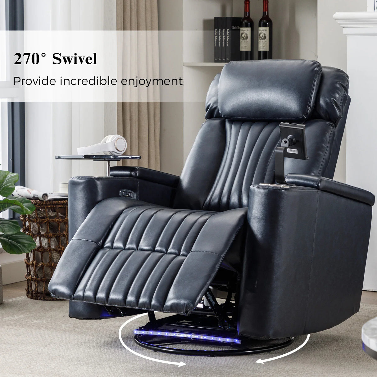 Power Swivel Blue PU Leather Recliner Chair With Tray Table - Omega Lifestyles