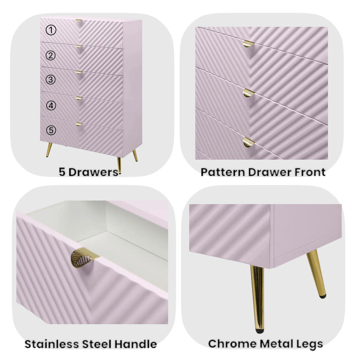 Pink High Gloss Wave Pattern 5-Drawer Chest - Omega Lifestyles