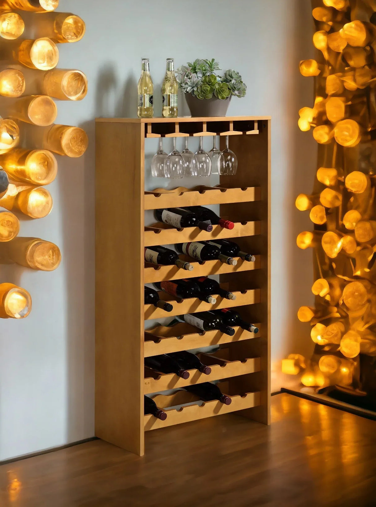 Oak Finish Particle Board Wine Rack With Stemware Holders - Omega Lifestyles