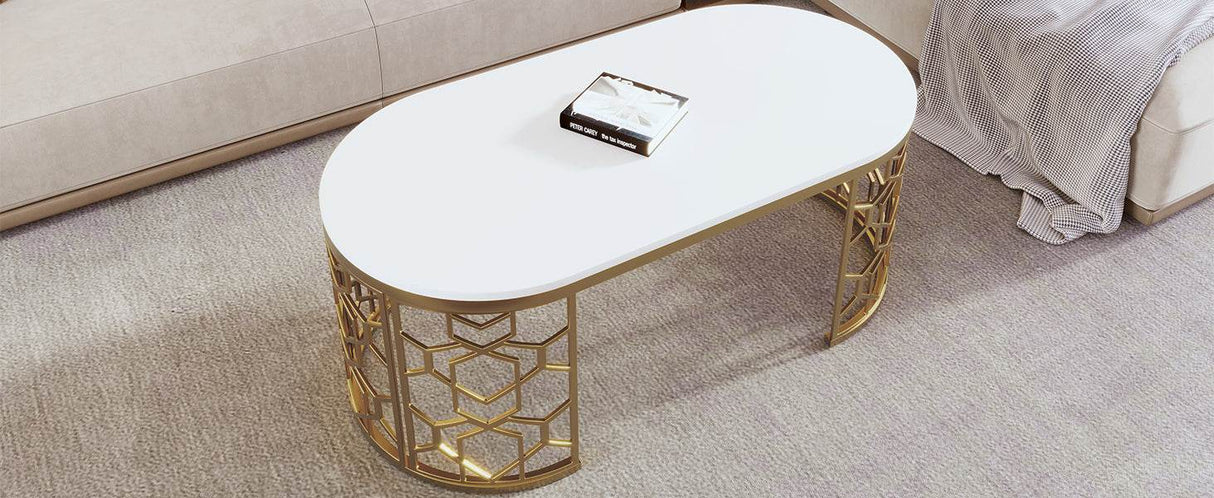 Modern Oval White MDF Gold Metal Coffee Table - Sleep Galleria