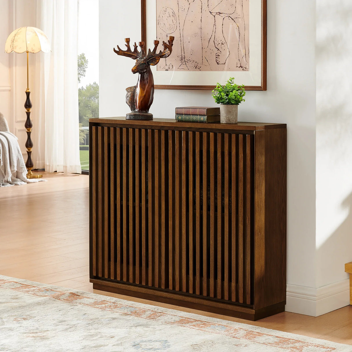 Mid Century Modern Fluted Walnut Solid Wood Sideboard Cabinet - Omega Lifestyles