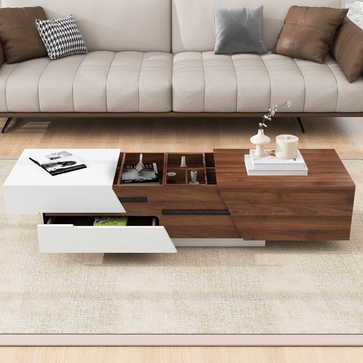 Modern Extendable Sliding Top White Walnut Coffee Table - Sleep Galleria