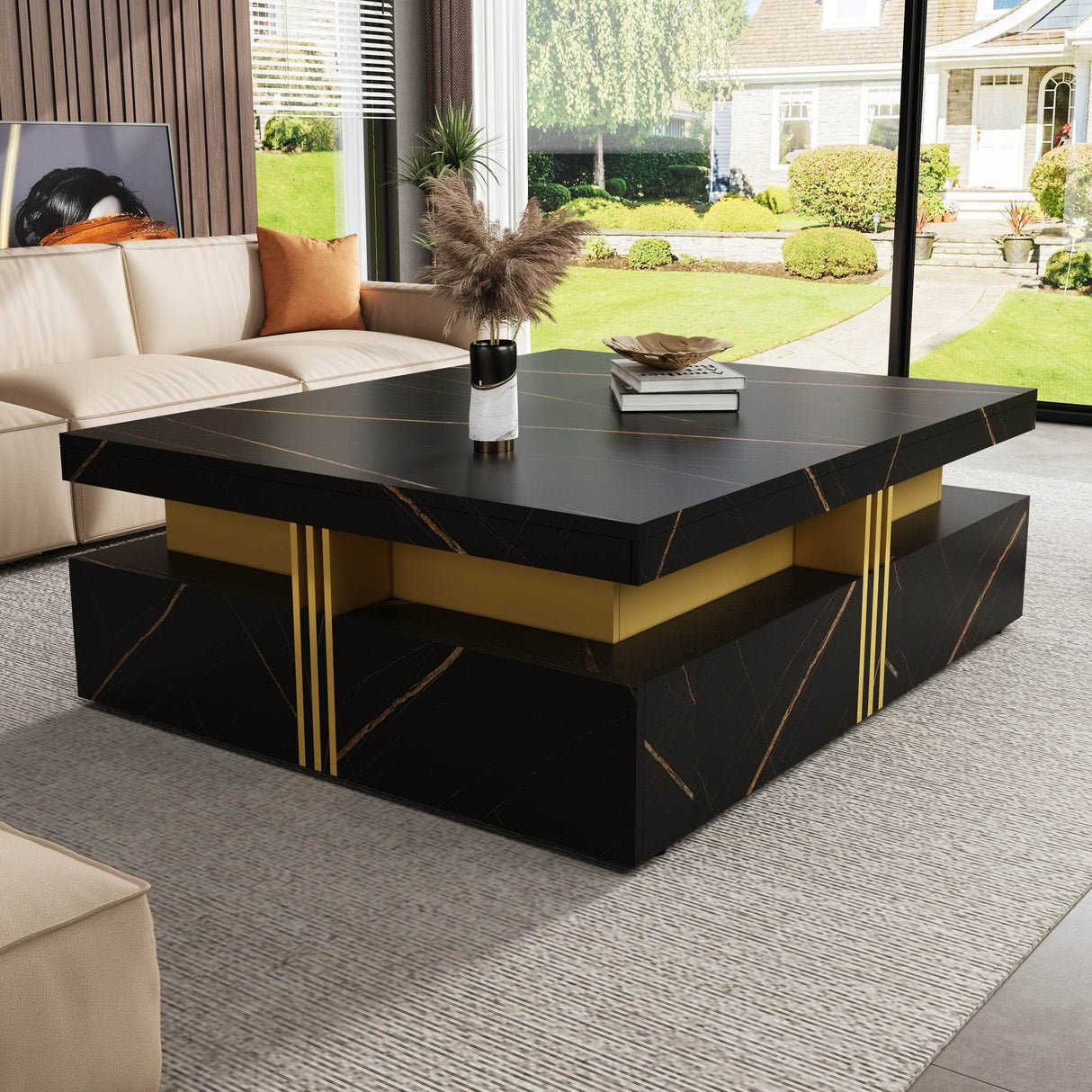 Modern Black Gold Accented Square Coffee Table With Storage - Sleep Galleria