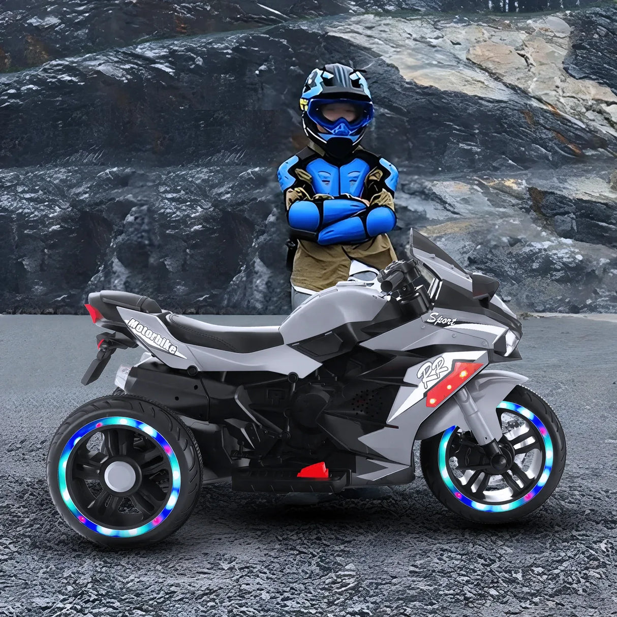 12V Grey Plastic Kids Electric Ride-On Motorcycle - Omega Lifestyles