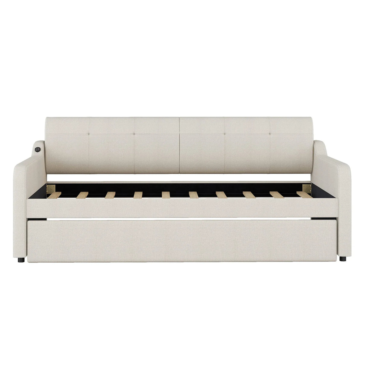 Twin Beige Upholstered Daybed With Trundle And USB Charging - Omega Lifestyles