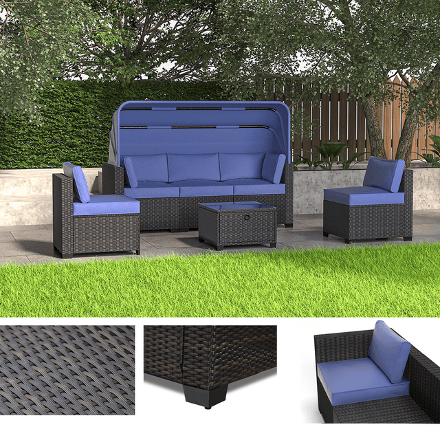 Outdoor Rattan Patio Sofa Set With Canopy And Ottoman - Omega Lifestyles