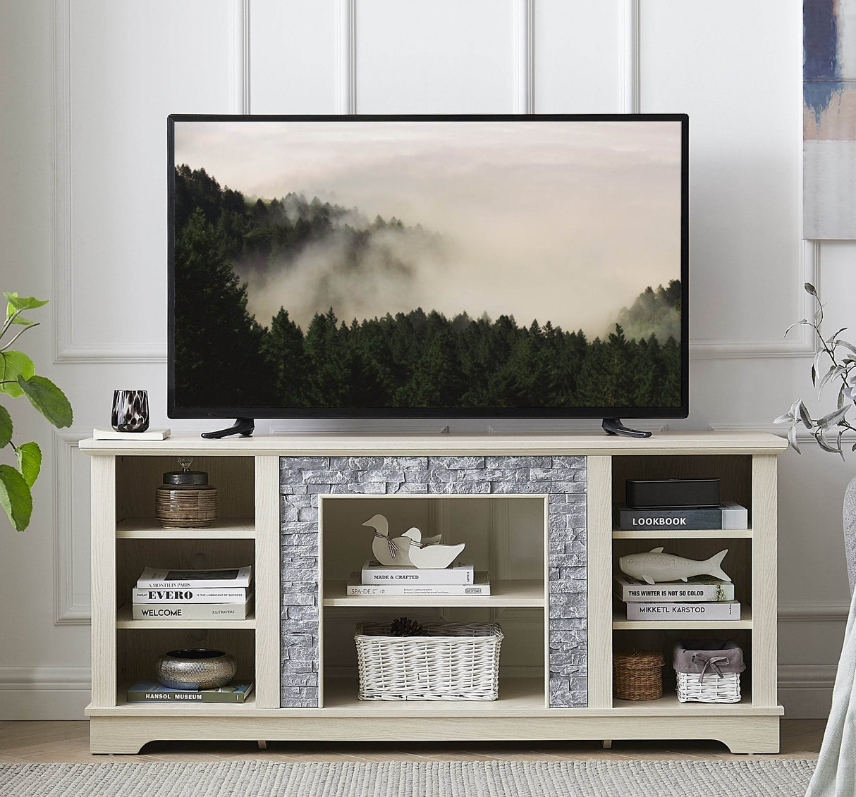 White Faux Stone Entertainment Console TV Stand - Sleep Galleria