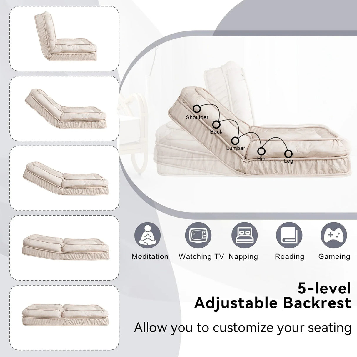 Adjustable Velvet Upholstered Massage Floor Sofa With Pillow - Omega Lifestyles