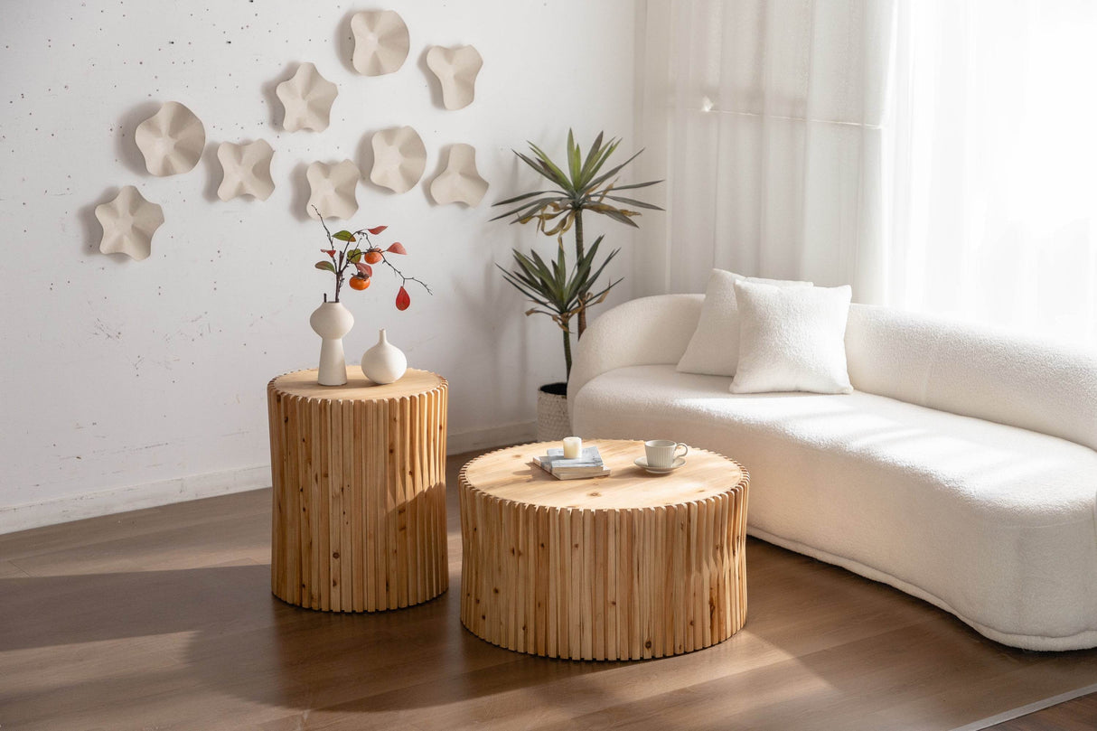 Set of 2 Natural MDF Fir Round Coffee Tables - Omega Lifestyles