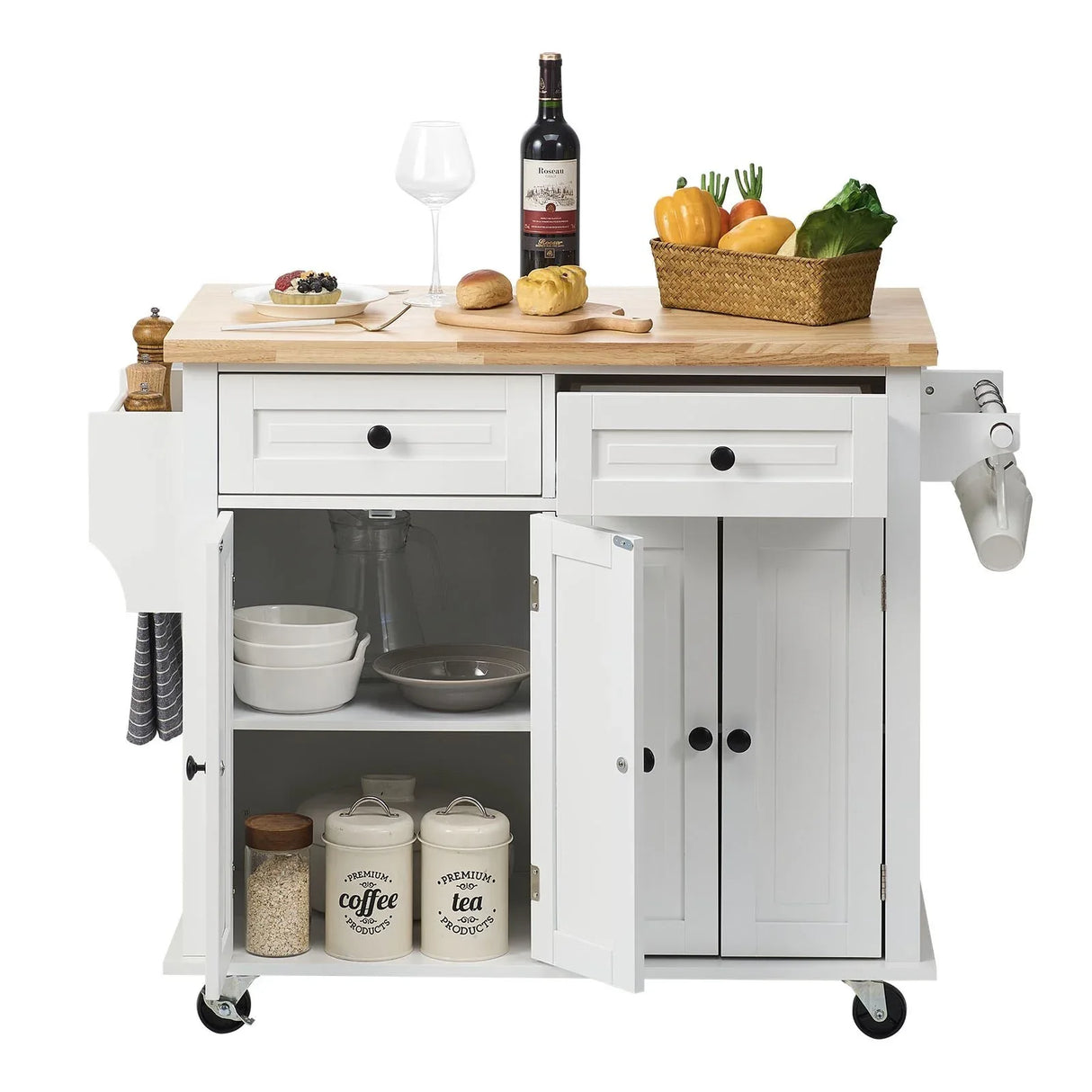 White Solid Wood Kitchen Island Cart With Storage - Omega Lifestyles