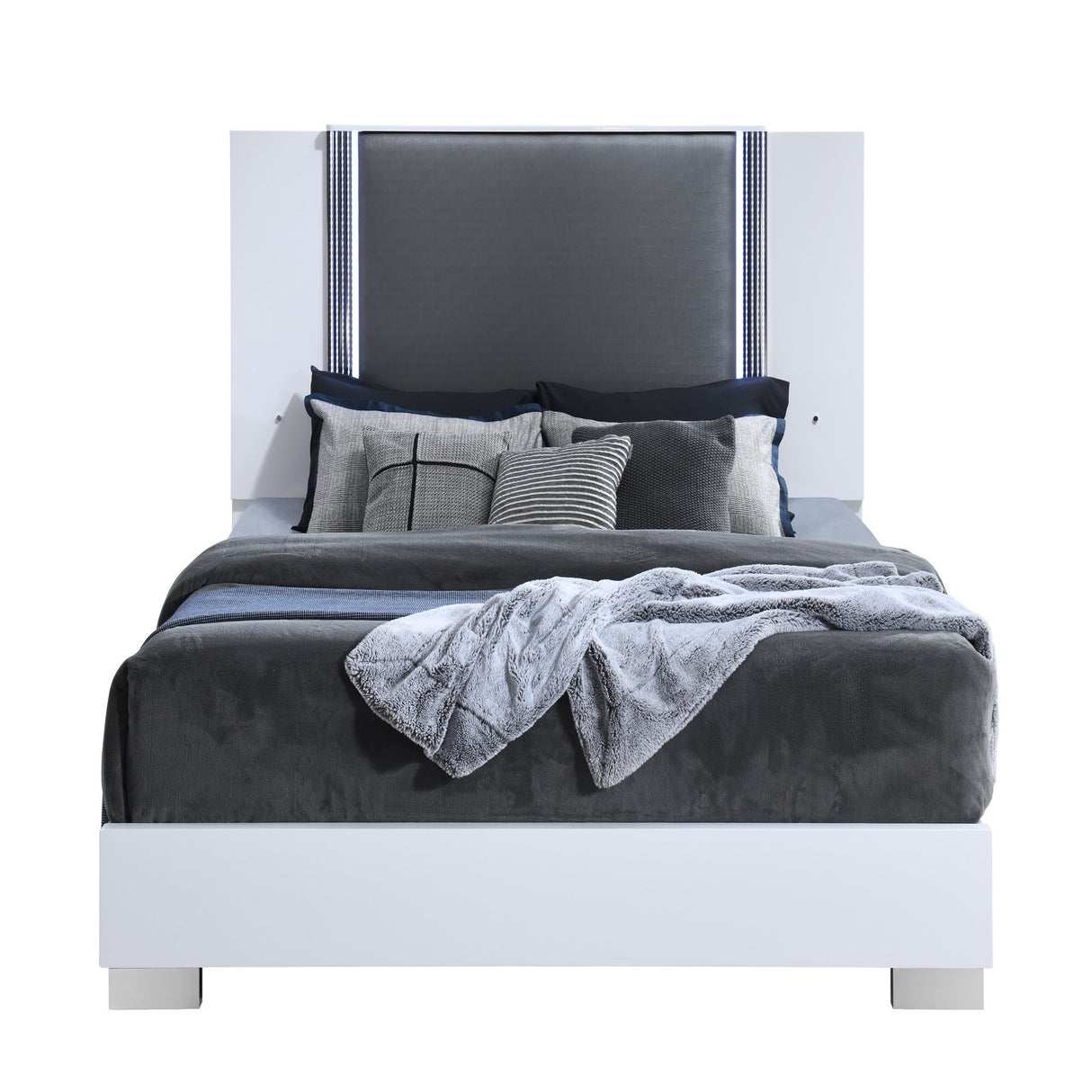 Queen Contemporary White Solid Wood 5-Piece Bedroom Set With Lighting