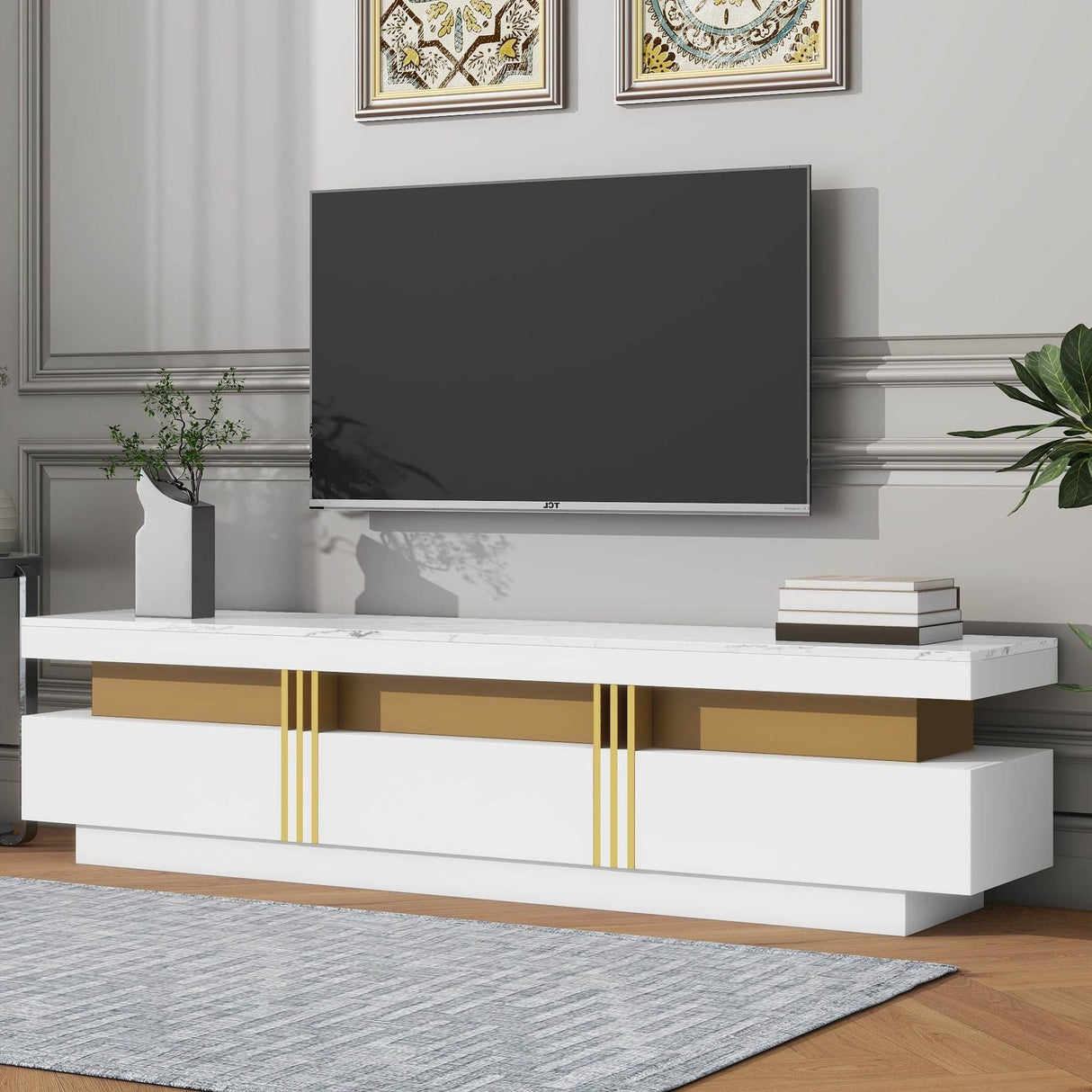 High Gloss White Marble TV Stand With Drawers - Sleep Galleria