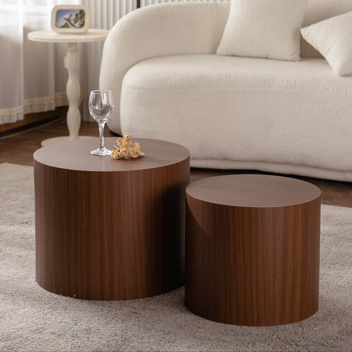 Set of 2 Modern Round Walnut Nesting Coffee Tables - Sleep Galleria