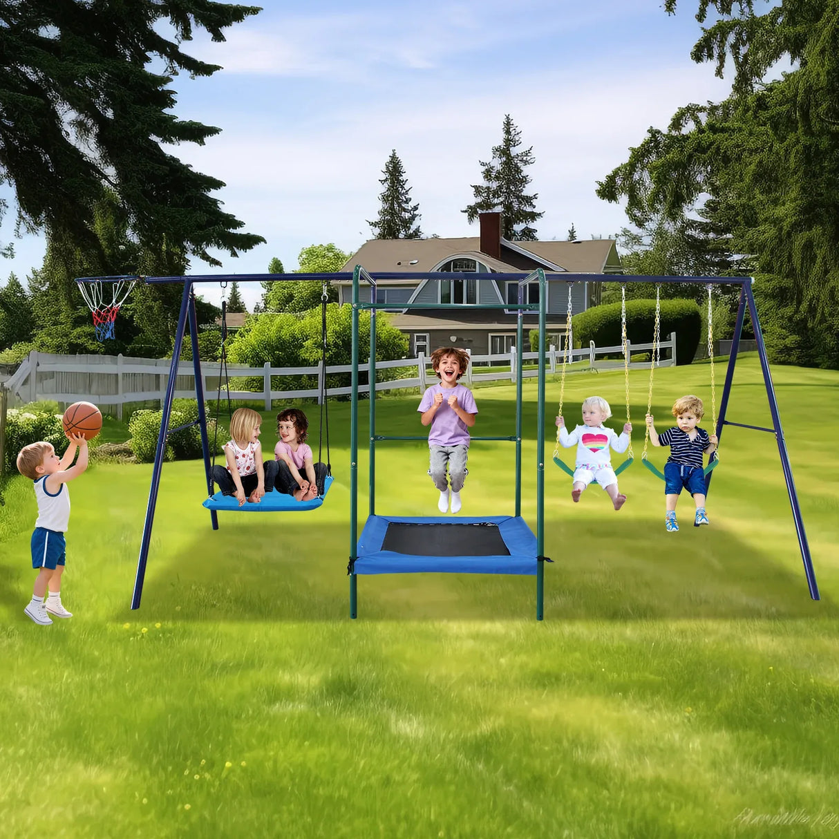 4-in-1 Backyard Steel Swing Set With Trampoline - Omega Lifestyles
