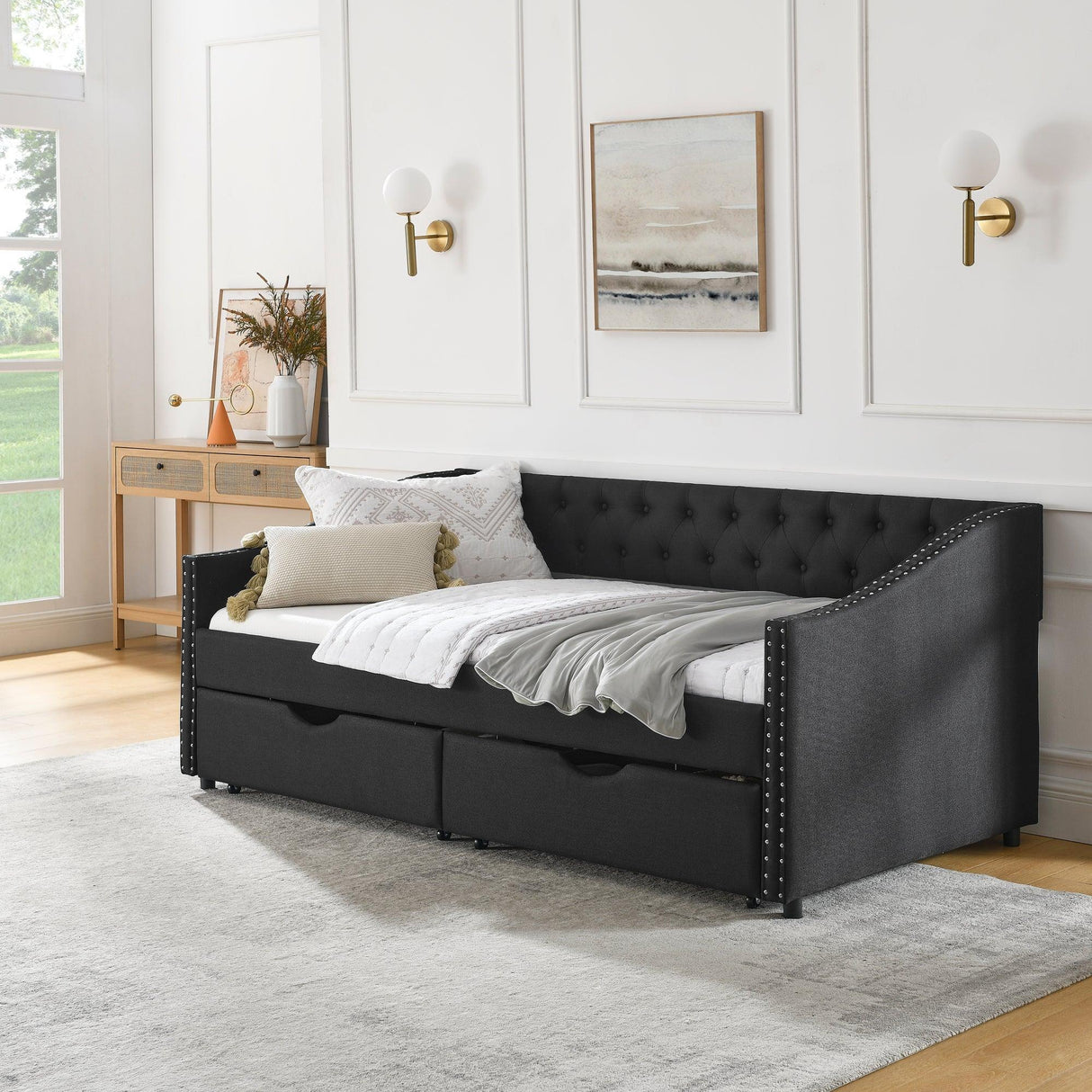 Twin Upholstered Tufted Linen Daybed With Drawers - Omega Lifestyles