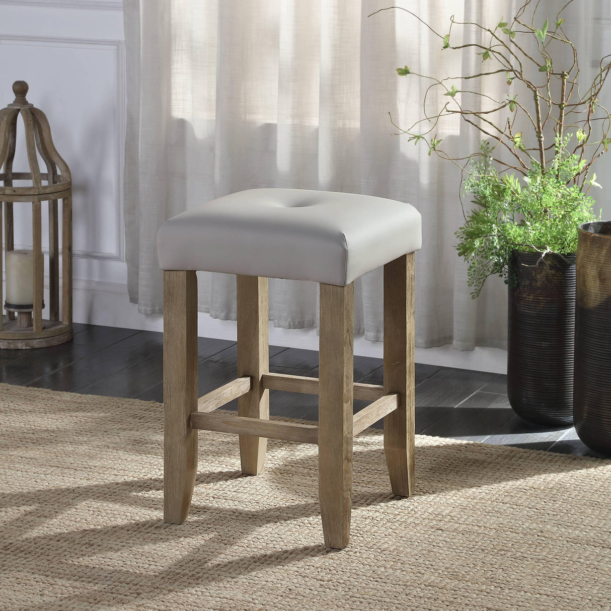 Set of 2 Gray Synthetic Leather Oak Counter Height Stools - Omega Lifestyles