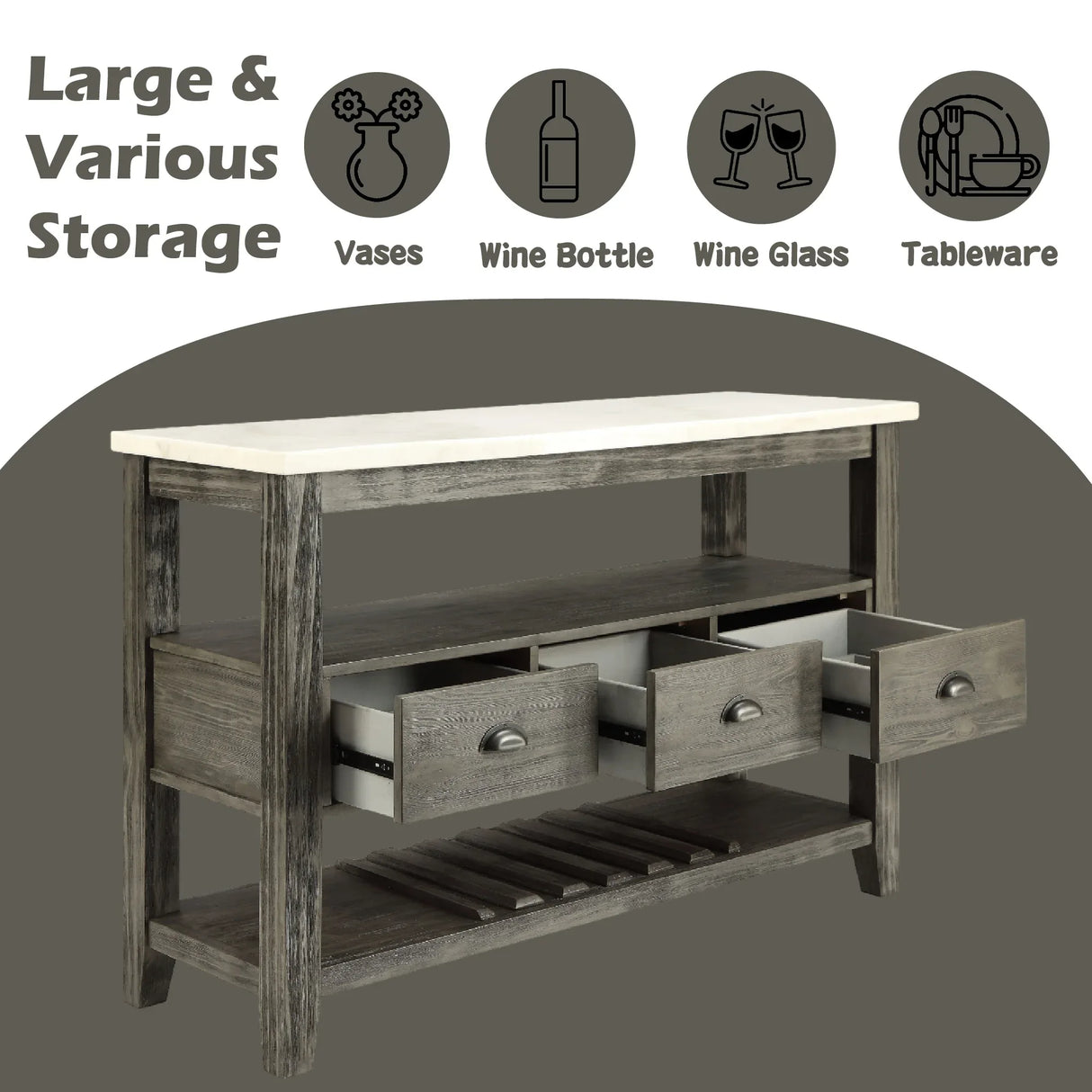 Gray Oak Marble Top Storage Server With Drawers - Omega Lifestyles