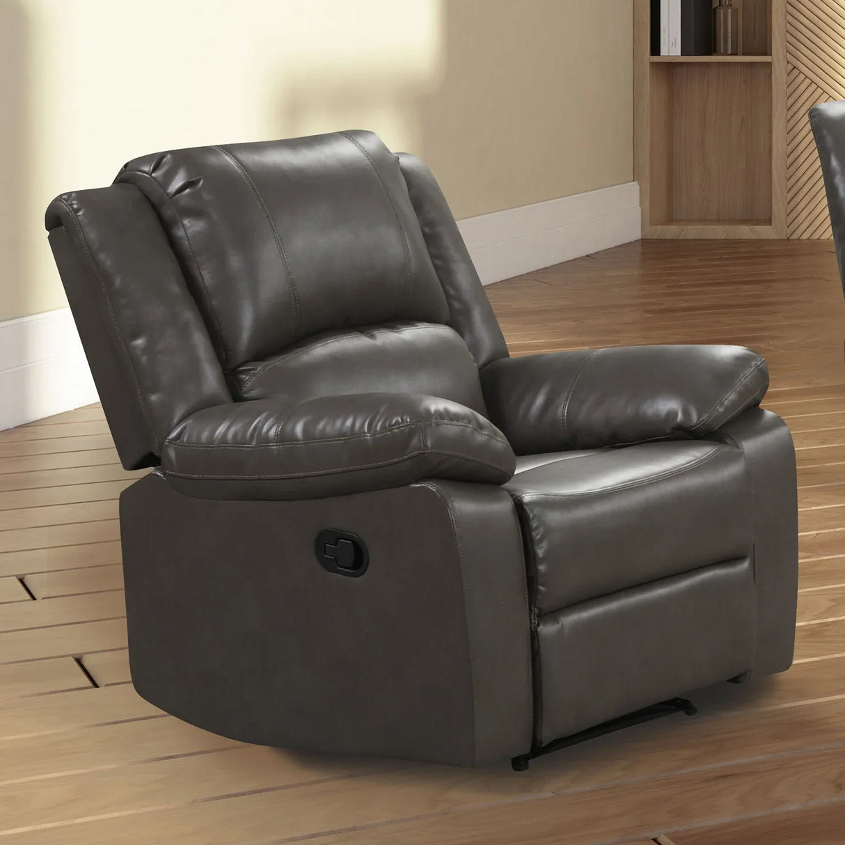 Transitional Gray Leather Pillow Top Arms Glider Recliner - Omega Lifestyles