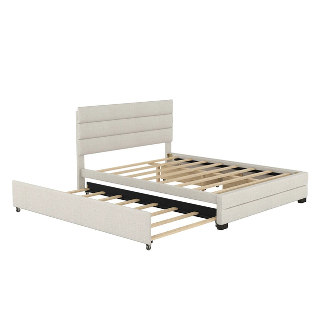 Queen Upholstered Platform Bed With Twin Trundle And Storage Drawers - Omega Lifestyles