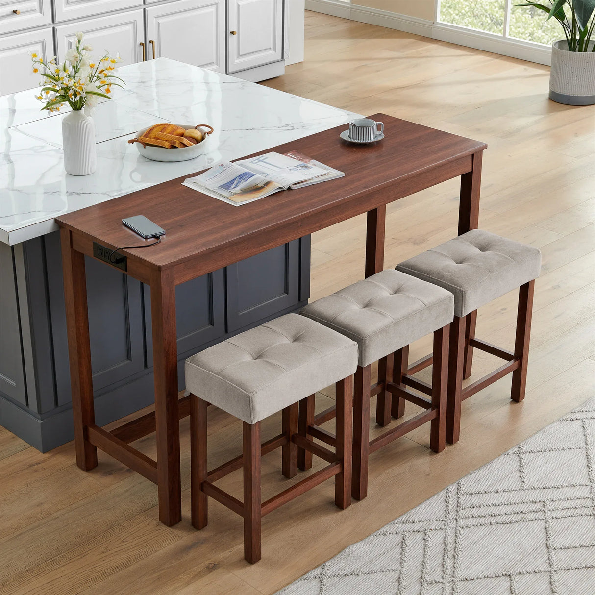 4-Piece Cherry Wood Bar Table Set With Power Outlets - Omega Lifestyles