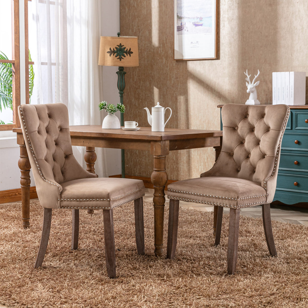 Velvet Upholstered Tufted Solid Wood Dining Chair Set