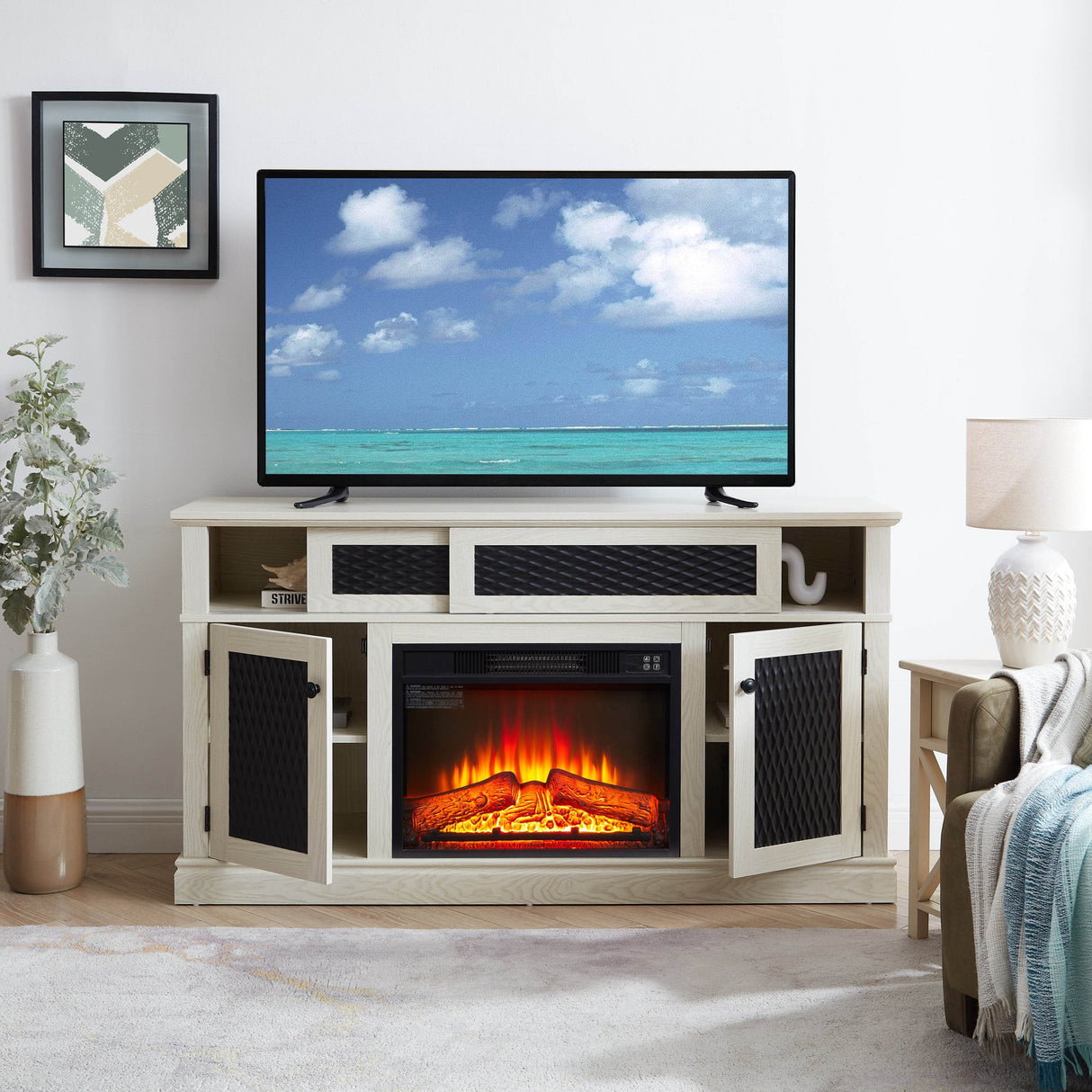 Embossed Oak Fireplace TV Stand With Storage - Sleep Galleria
