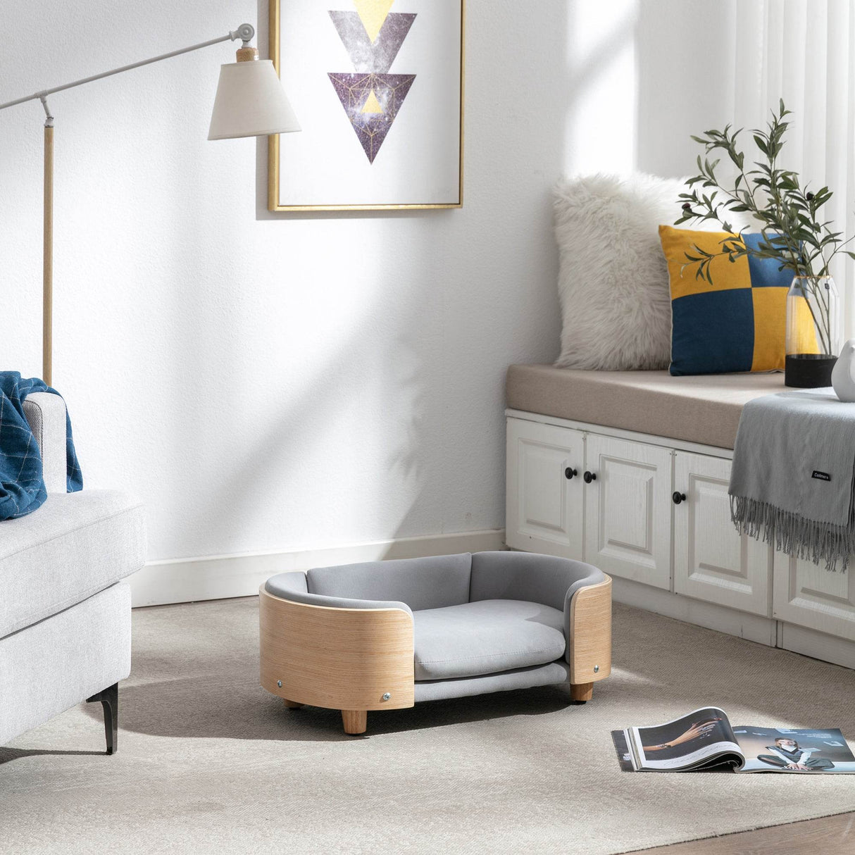 Scandinavian Style Solid Wood Elevated Pet Bed With Velvet Cushion - Sleep Galleria