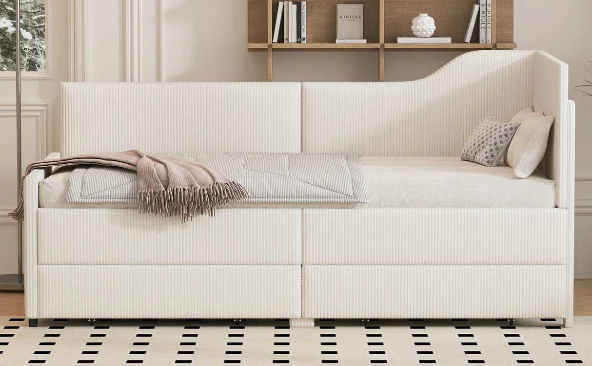 Twin L-Shaped Corduroy Upholstered Daybed With Storage Drawers - Omega Lifestyles