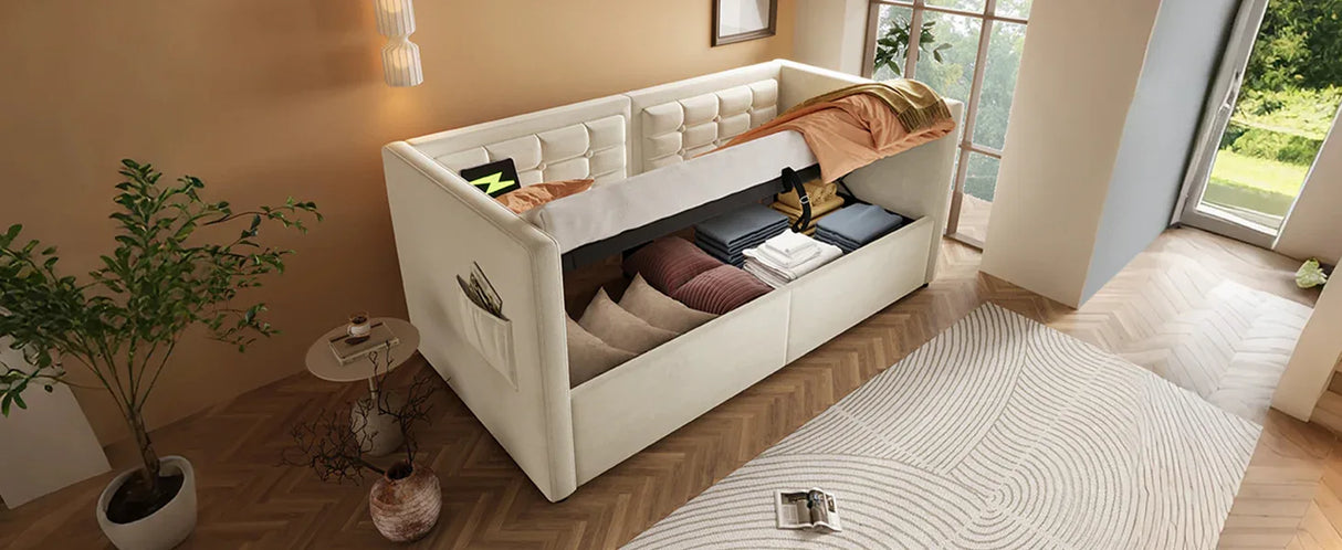 Twin Beige Velvet Upholstered Hydraulic Storage Bed Frame - Omega Lifestyles