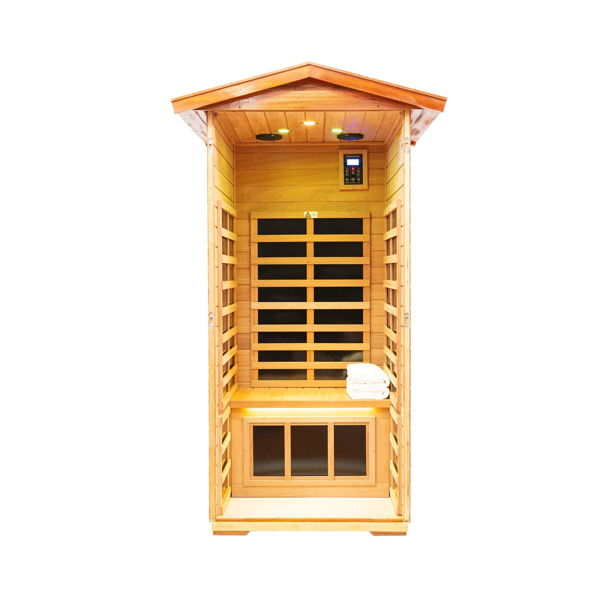 Far Infrared Khaya Wood Outdoor Sauna Room - Omega Lifestyles